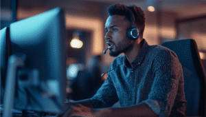 A man wearing headphones sits in front of a computer, focused on his work or listening to audio