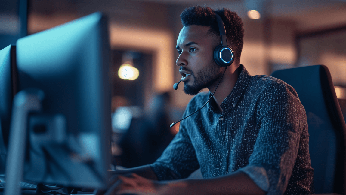 A man wearing headphones sits in front of a computer, focused on his work or listening to audio