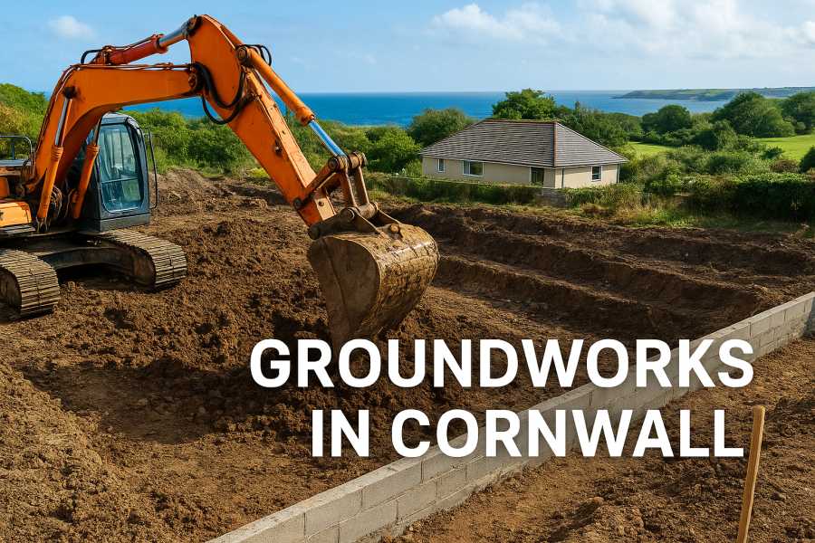 Excavator digging foundations on a construction site in Cornwall with sea and countryside views.