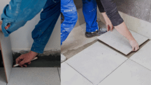 Cleaning ceramic tiles before sealing to remove dirt and stains.