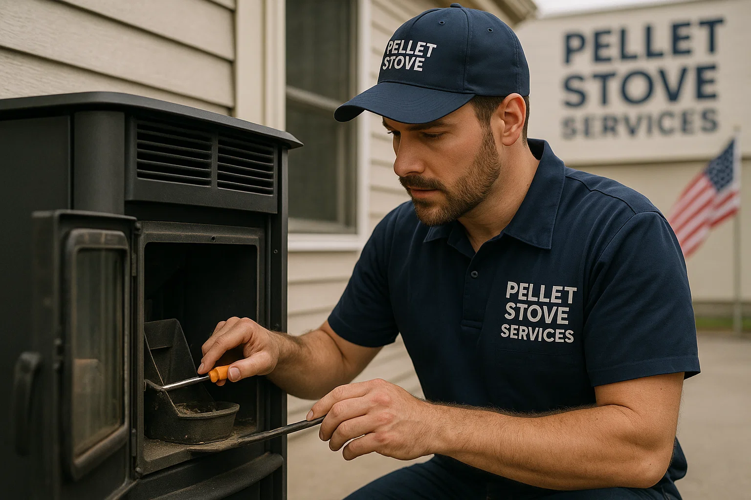 Technician performing professional pellet stove cleaning and maintenance