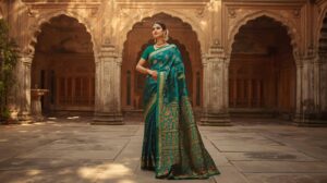 Border detail: Paithani saree gold zari border detailed weave and texture on pure silk.