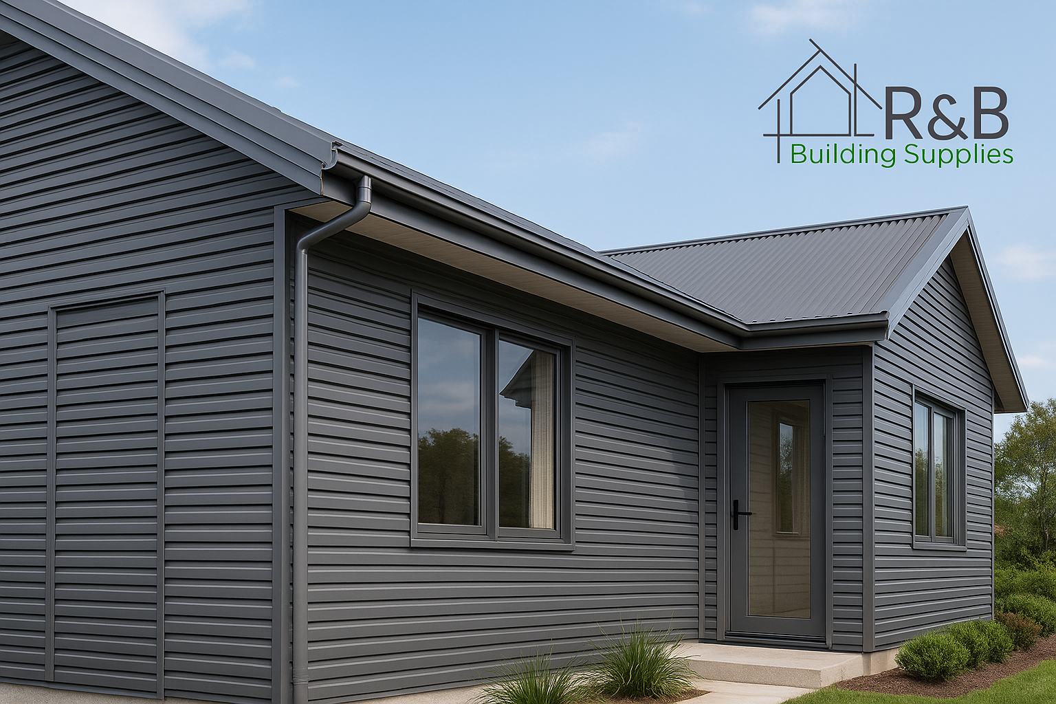A modern house with gray siding and a metal roof. Black-framed windows and a glass door accentuate the design. Logo reads "R&B Building Supplies."